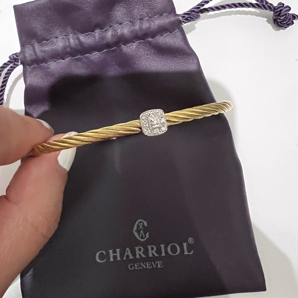 Charriol 18k White Gold Diamond & Golden Steel Cable One Station Bracelet